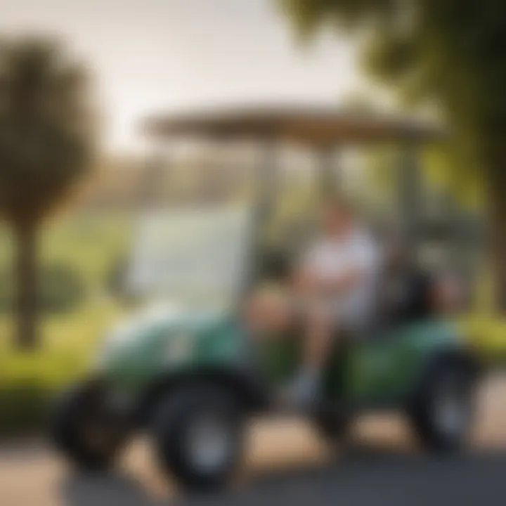 User testimonials displayed on screen with Green Machine golf cart in background