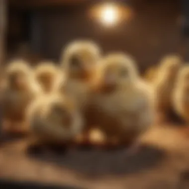 Chicks under a heating light in a cozy brooder