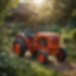 A compact hobby tractor in a lush garden setting