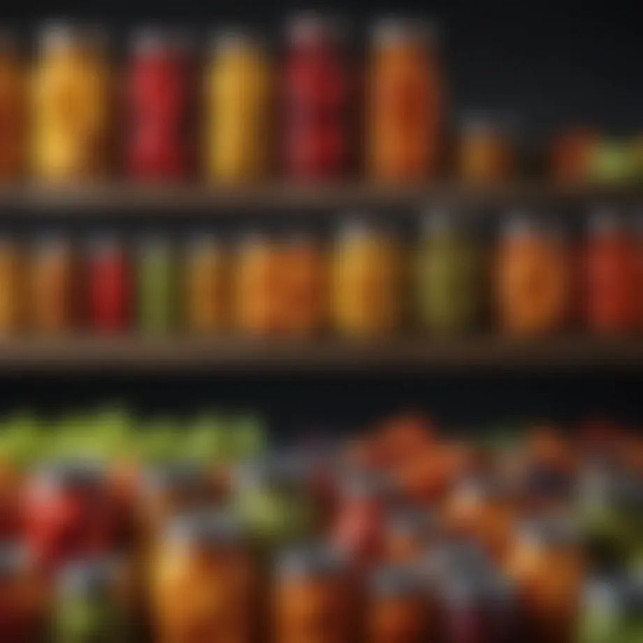 A variety of colorful jars filled with preserved fruits and vegetables.