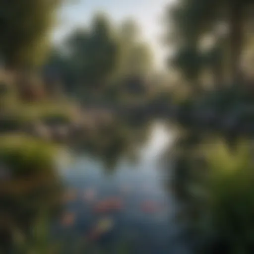 A tranquil backyard fish pond with healthy fish swimming.