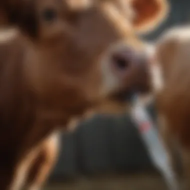 Close-up of vaccine syringe and cattle