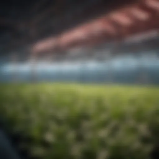 Close-up view of LED grow lights illuminating hydroponic plants