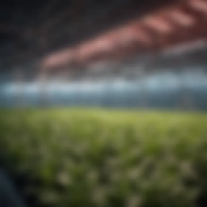 Close-up view of LED grow lights illuminating hydroponic plants