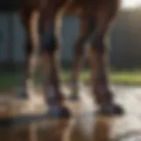 Horse wearing ice boots for cooling down