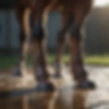 Horse wearing ice boots for cooling down