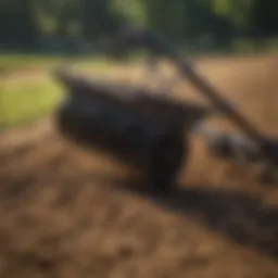 A close-up of an inline acreage rake showcasing its advanced design