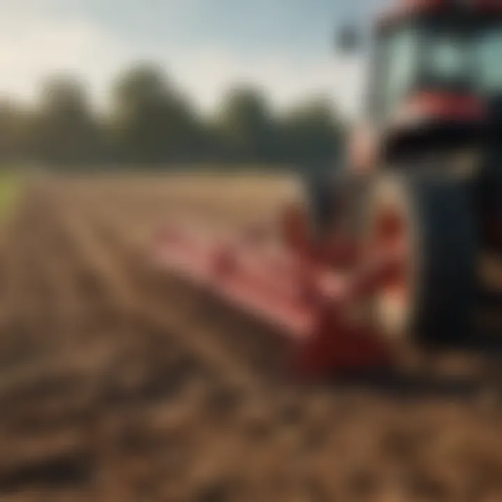 An inline acreage rake in action on a farm field