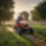 A riding lawn mower in a lush field, demonstrating modern agricultural practices