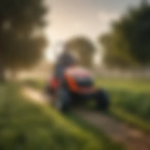 A riding lawn mower in a lush field, demonstrating modern agricultural practices