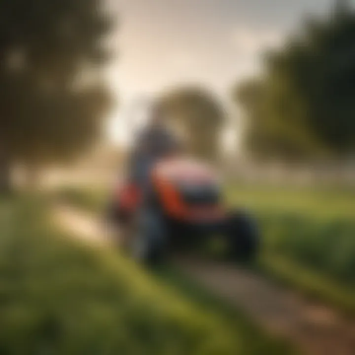 A riding lawn mower in a lush field, demonstrating modern agricultural practices