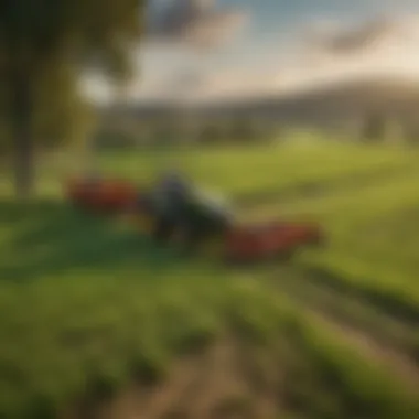 A scenic view of integrated farming using both riding mowers and spreaders