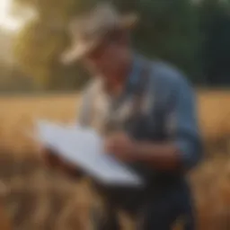 A farmer analyzing financial documents in a field