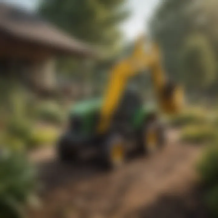 John Deere Mini Backhoe engaged in landscaping tasks.