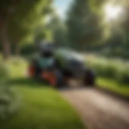 A modern lawn mower in a lush green garden setting.