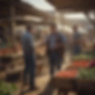 Engaging Conversation at the Local Equipment Market Farmers discussing equipment options at a local market