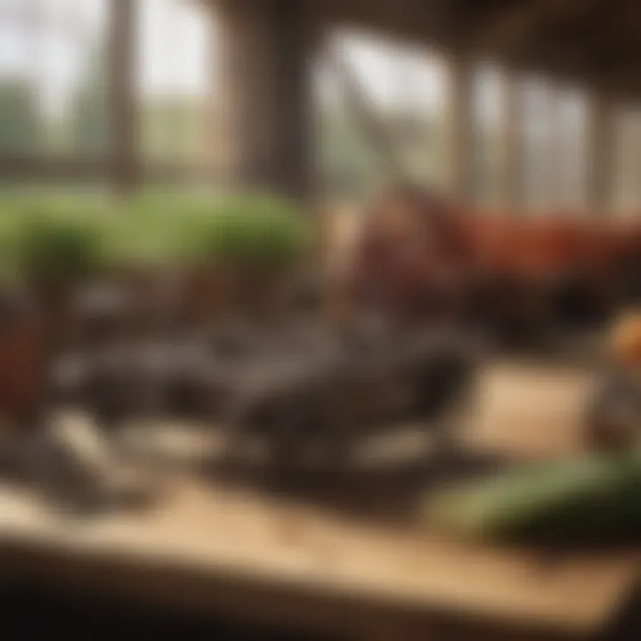 Close-up of modern farming tools displayed on a wooden table