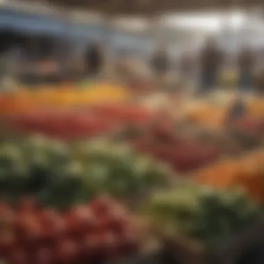 Fresh produce being displayed at a bustling farmer's market