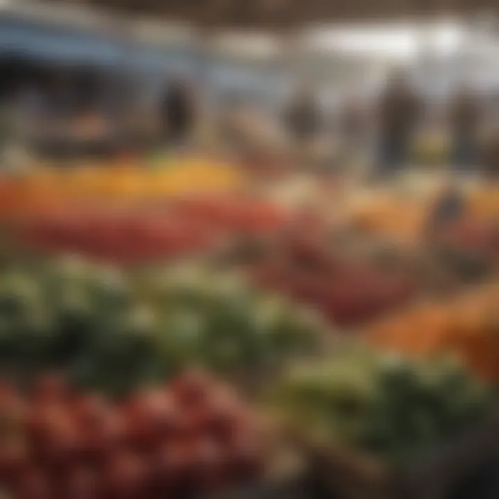Fresh produce being displayed at a bustling farmer's market
