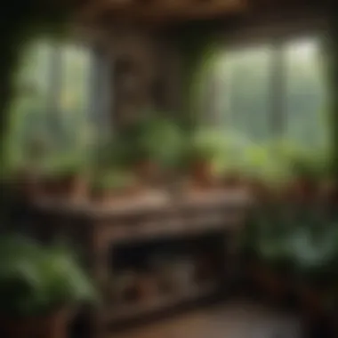 A Beautiful Potting Table Amidst Lush Greenery Beautifully arranged potting table surrounded by lush plants