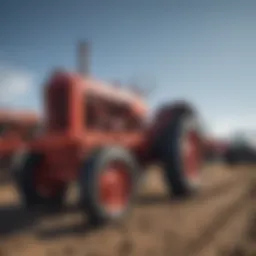 A vast array of salvaged Massey Ferguson tractors under a clear blue sky