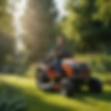 Efficient Operation in a Garden Setting User operating the Mastercraft Riding Lawn Mower in a lush garden