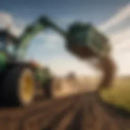 Titan Attachments root grapple bucket attached to a John Deere tractor in action