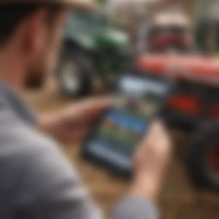 Close-up of a farmer using a digital device to find a dealer