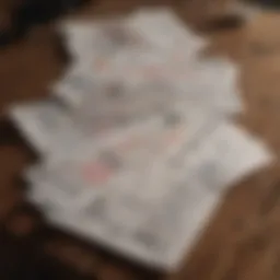 A close-up of various agricultural receipts scattered on a wooden table.