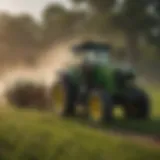 A John Deere tractor navigating a lush green field