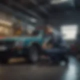 Mechanic working on a vehicle in a dealership garage