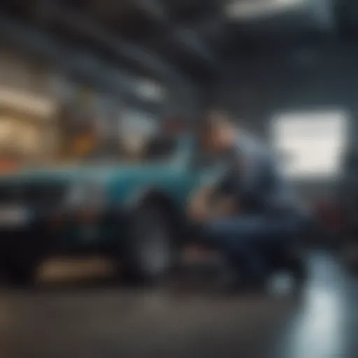 Mechanic working on a vehicle in a dealership garage