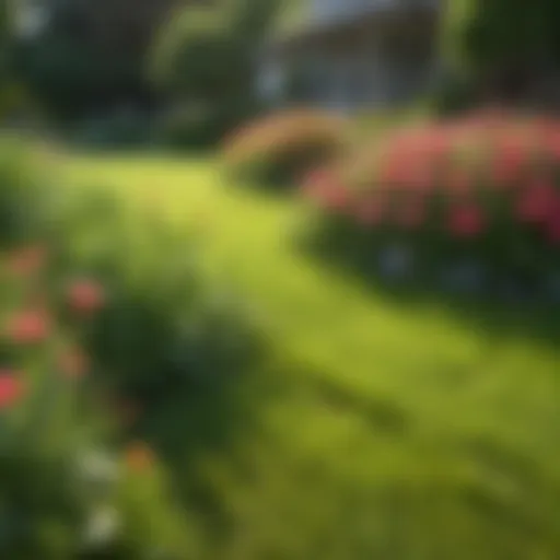 Lush green lawn with healthy grass and blooming flowers