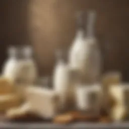 A glass of fresh cow's milk surrounded by dairy products.
