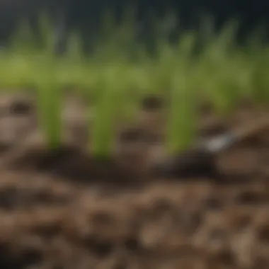 A close-up of various grass seed types with soil preparation tools