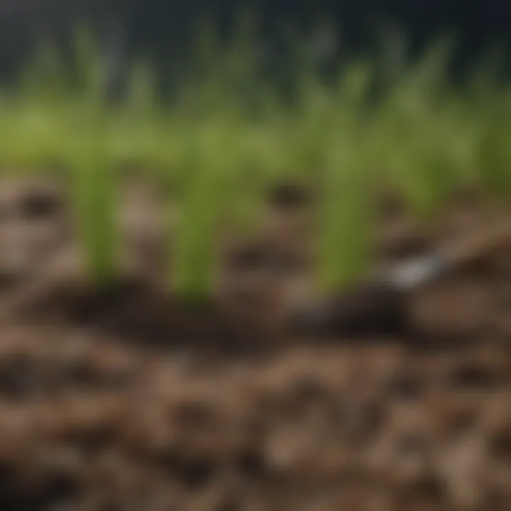 A close-up of various grass seed types with soil preparation tools