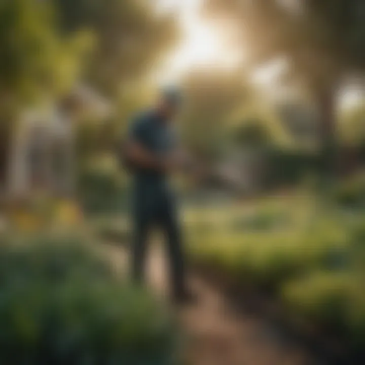 A person applying pest control spray in a garden