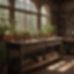 Elegant potting table with cabinet showcasing organized gardening tools