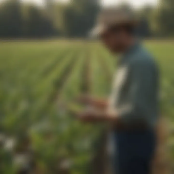 A farmer inspecting crops treated with paraquat in a field.