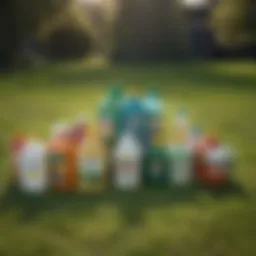 Close-up of professional lawn chemical containers arranged neatly