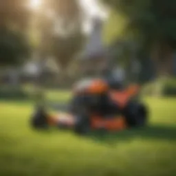 A high-performance commercial lawn mower on a well-manicured lawn