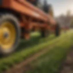 Detailed view of a pull-behind lawn seeder in action