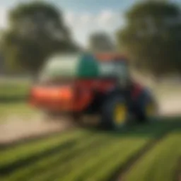A ride-on spreader sprayer in action on a lush field
