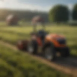 Riding mower with a cab in a field