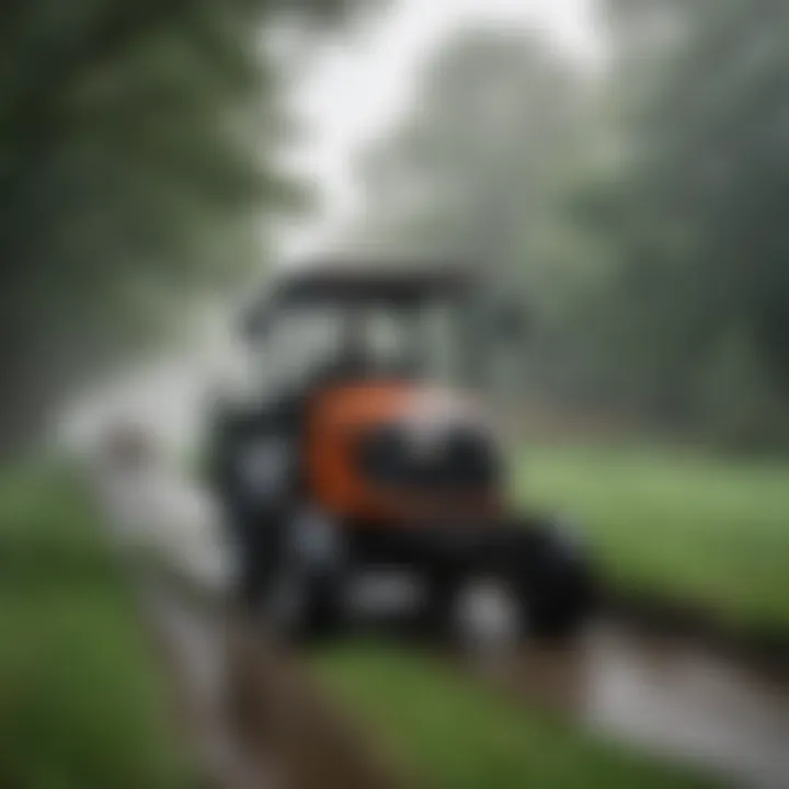 Operator using a riding mower with cab in rainy conditions