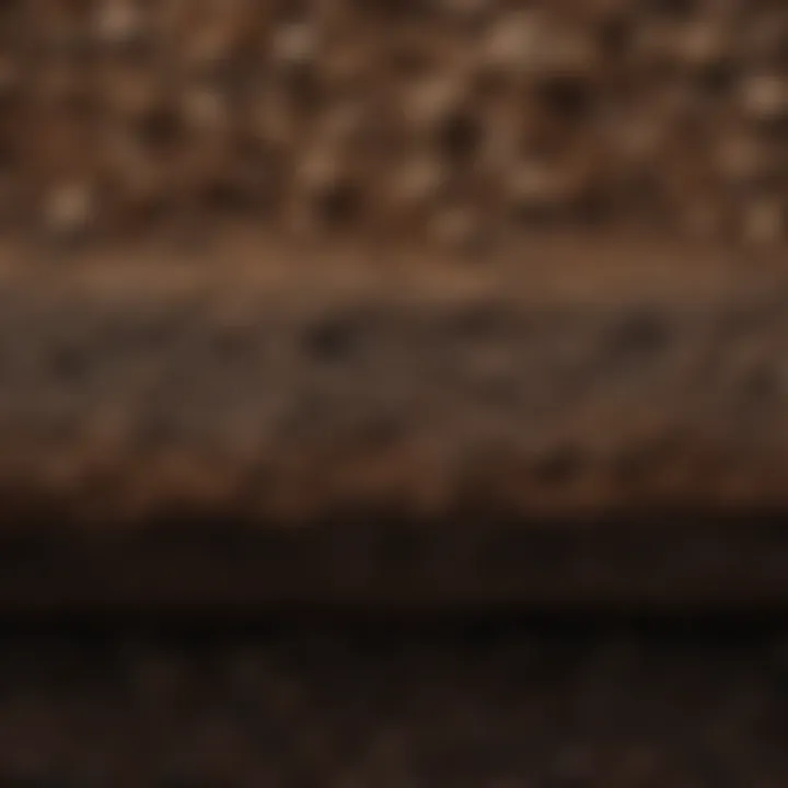 Close-up of soil layers beneath a layer of mulch