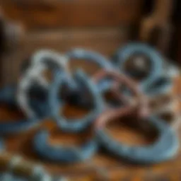Different types of horse shoes arranged on a wooden table