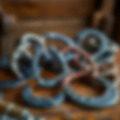 Different types of horse shoes arranged on a wooden table