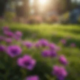 Vibrant purple flowers in a lush green lawn