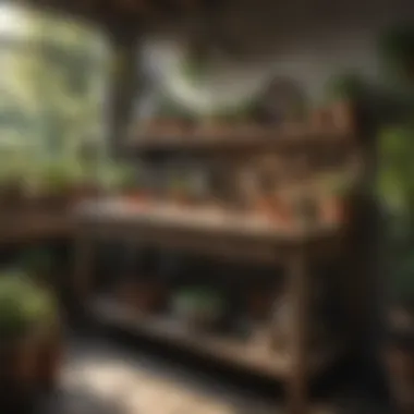 Sustainable gardening setup featuring a potting table with storage